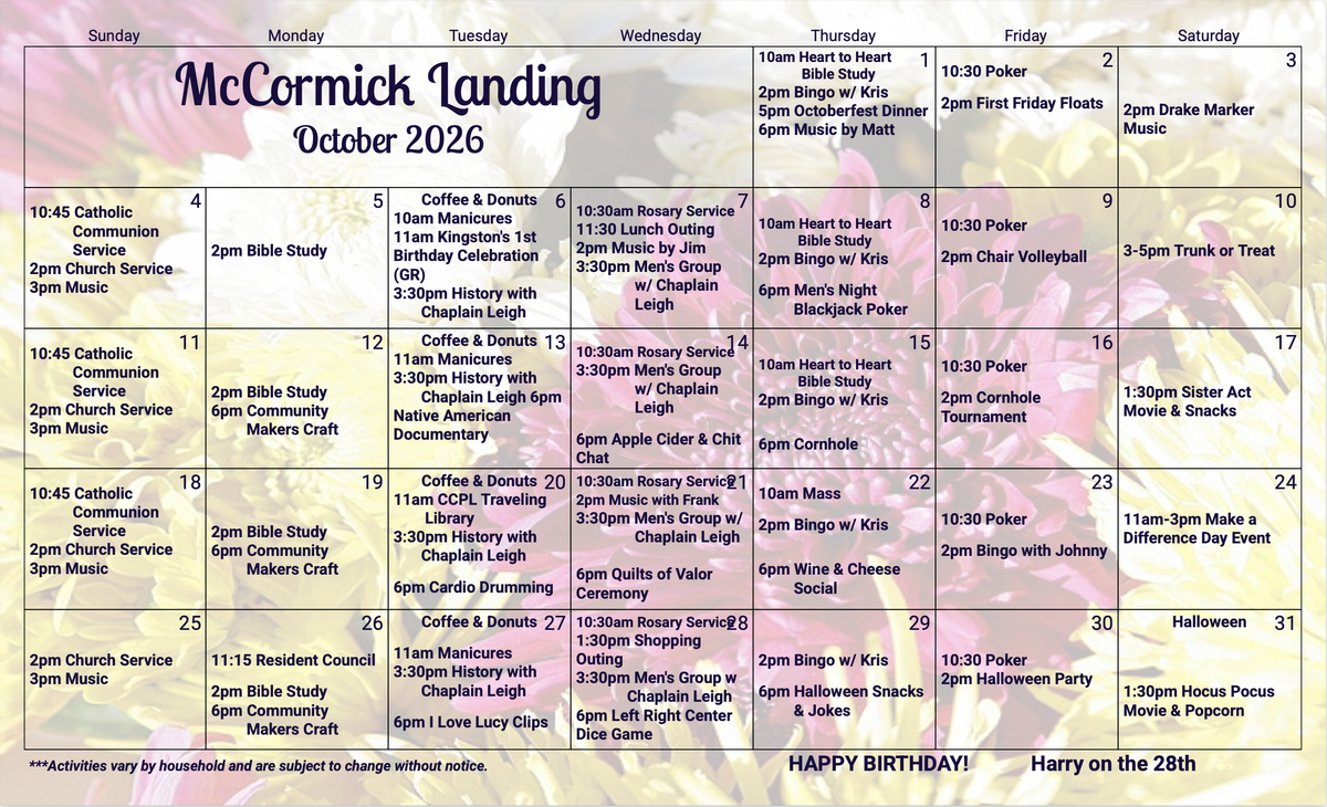 McCormick Landing Oct 26 calendar